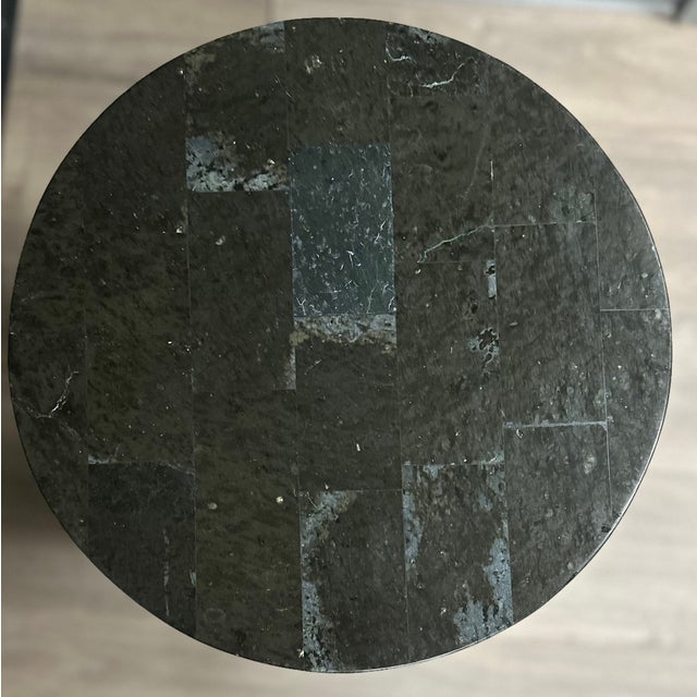 Art Deco Vintage Maitland Smith Style Black Tessellated Stone Pedestal Ionic Column Drinks Table For Sale - Image 3 of 3