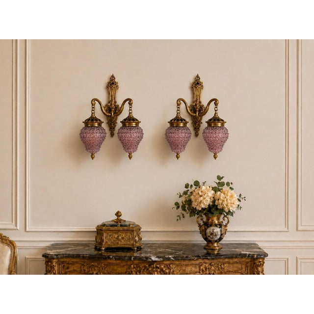 1980s French Louis XVI Gold Purple Crystal Wall Lamps Sconces-Pair For Sale - Image 12 of 14