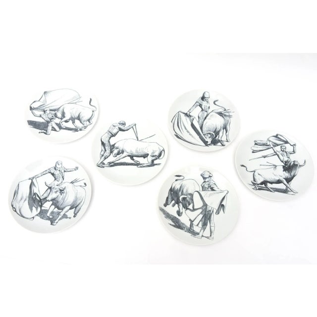 Piero Fornasetti Vintage Piero Fornasetti Porcelain Black and White Matador and Bull Plates Set of 6 Mid Century Modern For Sale - Image 4 of 11