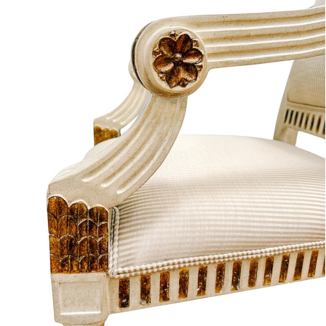 Early 20th Century Vintage Italian Neoclassical Gilt & Painted Armchair Fauteuils With Rosette Carvings - A Pair For Sale - Image 16 of 18