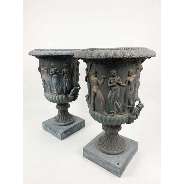 1980s A Pair of Grand Scale Neoclassical Bronze Garden Urns For Sale - Image 4 of 12