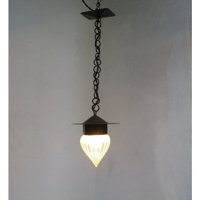 Small Antique Art Nouveau Wrought Iron and Glass Ceiling Lamp For Sale - Image 5 of 18
