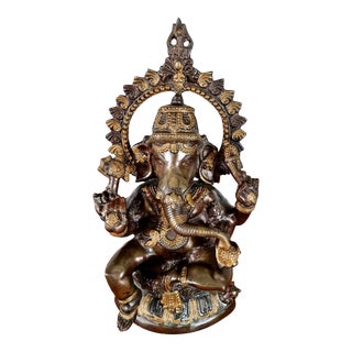 Bronze 4-Armed Seated Lord Ganesh Solid Figure/Statue With Arch For Sale
