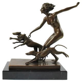 Josef Lorenzl, Art Deco Female Nude with Dogs, 1920s, Bronze on Marble Base For Sale