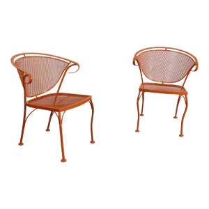 Pair of Mid-Century Modern Atomic Orange Salterini Style Outdoor Metal Curved Back Chairs Set B