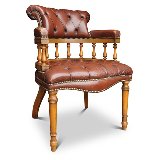 Chair 2025 15 CHEST Victorian Style Brown Leather & Beech Captains Chesterfield Button Back Desk Chair Height: 87cm I...