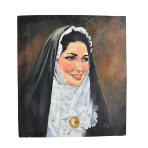 Religious Portrait Painting Oil on Canvas of Catholic Nun in Habit Veil and Coif