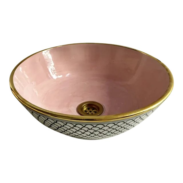 White & Pink Ceramic Sink With 14k Gold Rim Vessel Round Sink Bowl With Drain For Sale