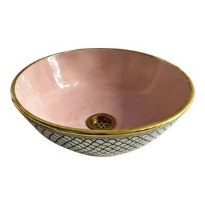 White & Pink Ceramic Sink With 14k Gold Rim Vessel Round Sink Bowl With Drain