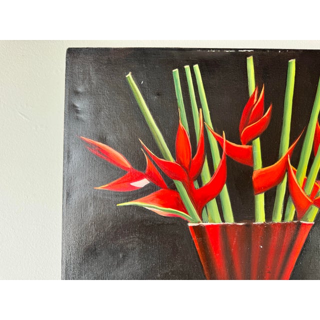 Red Vintage Tropical Still Life Oil on Canvas Painting, Signed For Sale - Image 8 of 11