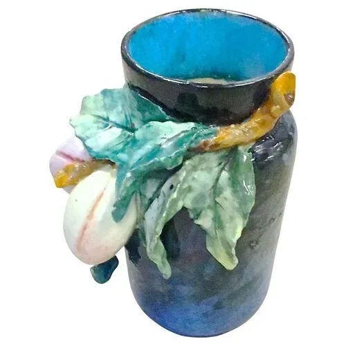 Antique French Edourd Gilles Barbotine majolica vase with applied apricots and foliage in relief. Marked "3729, EG, 59" on...