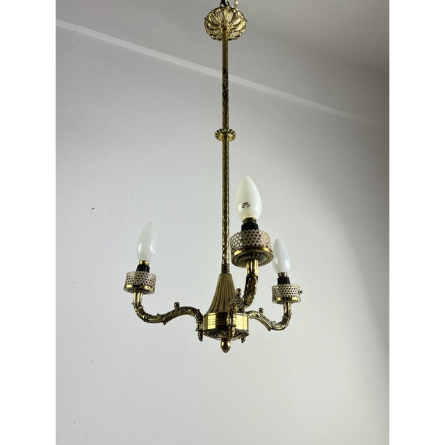 Mid-Century 3-Light Chandelier in Brass and Opaline Glass in the style of Stilnovo, 1950s For Sale - Image 6 of 12