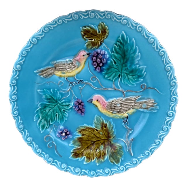 German Majolica Birds & Grapes Plate, Circa 1900 For Sale
