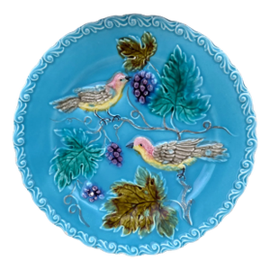 German Majolica Birds & Grapes Plate, Circa 1900