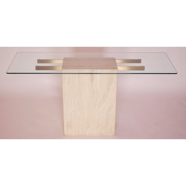 1980s Italian Travertine Glass and Brass Console Table For Sale - Image 13 of 13