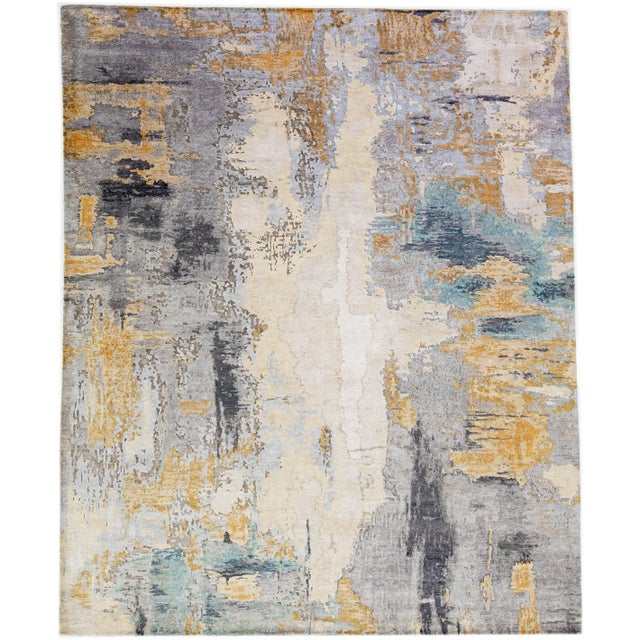 Metal 2010s Modern Handmade Gray & Gold Abstract Silk Rug For Sale - Image 7 of 7