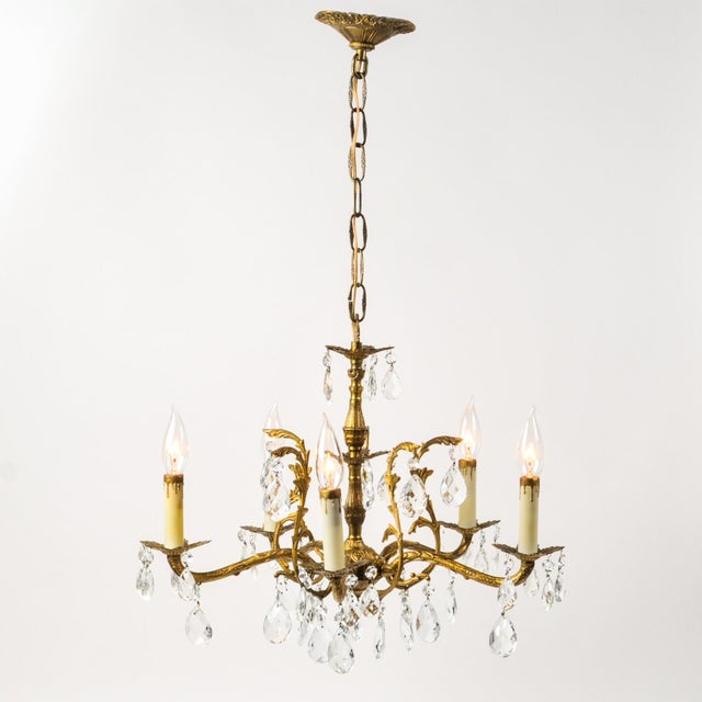 Vintage Brass and Crystal Chandelier Petite 5 Arm Made in Spain For Sale - Image 11 of 13