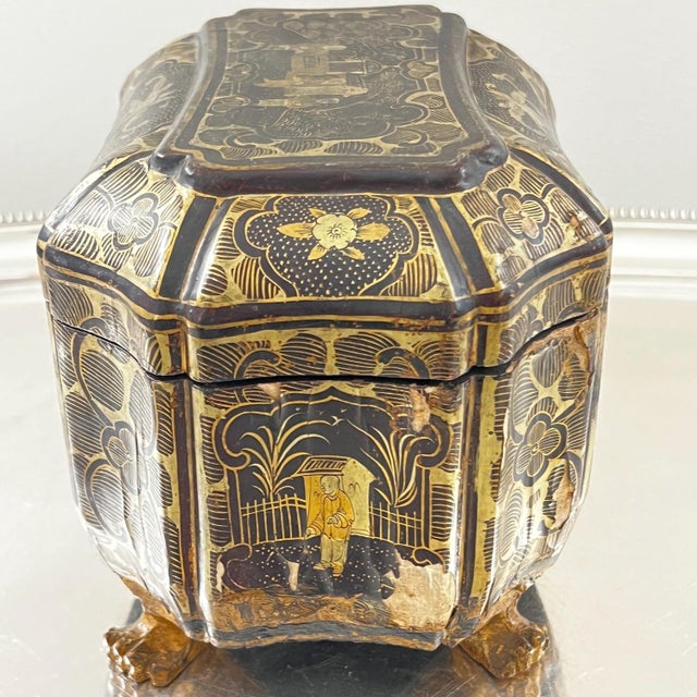Antique chinoiserie-painted wood tea caddy with tins inside // chippy finish // lacquer // gold and black // scenic box with paw feet For Sale - Image 9 of 18