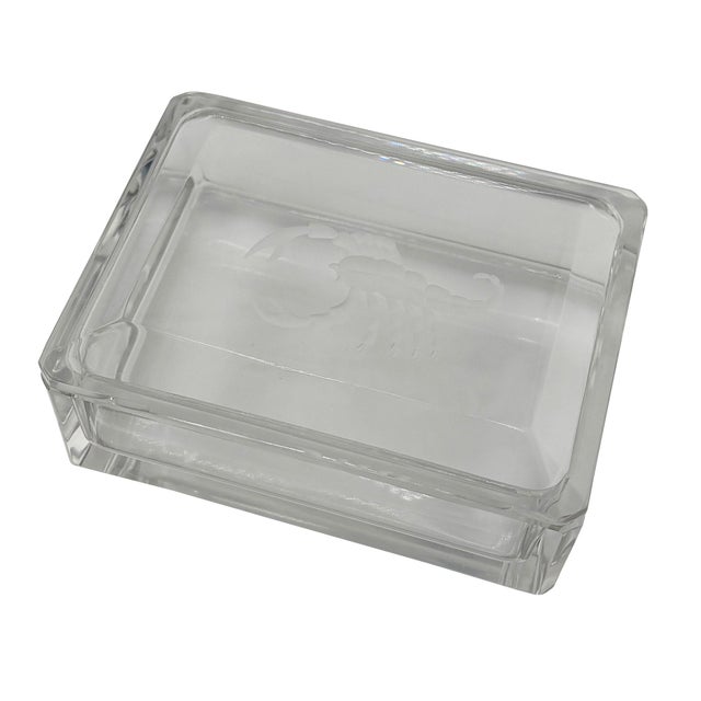A sophisticated signed crystal covered box by Val Saint Lambert, exquisitely decorated with an acid-etched scorpion motif....