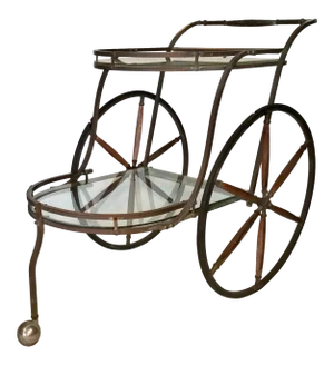 1950s Bronze and Glass Bar Cart With Wooden Spoked Wheels