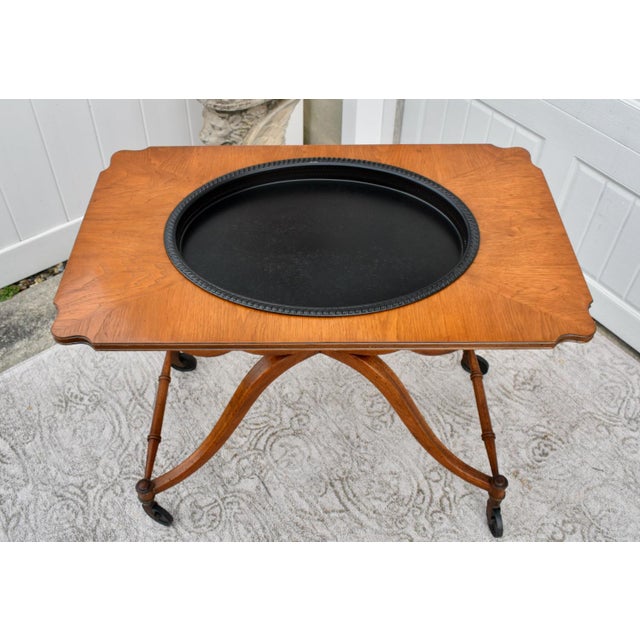 1960s Fruitwood Serving Cart Mid Century Modern Removable Tray Rolling Bar Table 60s For Sale - Image 5 of 12