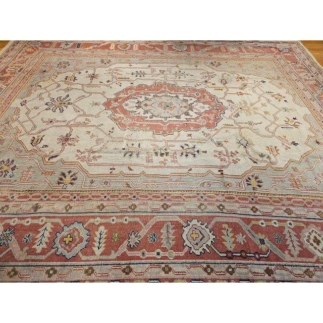Vintage Turkish Oushak Rug, Hand-Knotted Geometric Pattern, Ivory & Brick Red, 12' X 14' For Sale - Image 13 of 13