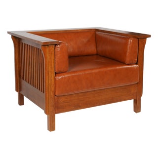 Arts and Crafts / Craftsman Cubic Slat Side Arm Chair - Russet Brown Leather (Rb2) For Sale