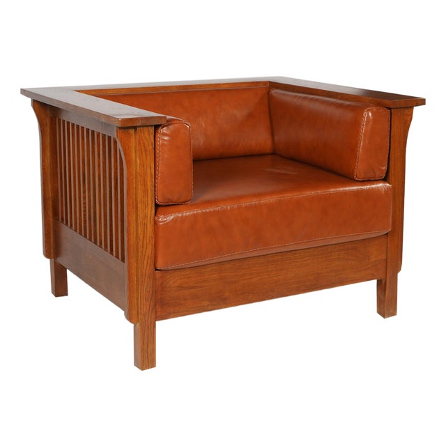 Arts and Crafts / Craftsman Cubic Slat Side Arm Chair - Russet Brown Leather (Rb2) For Sale