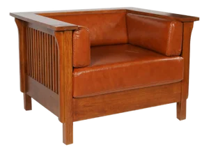 Arts and Crafts / Craftsman Cubic Slat Side Arm Chair - Russet Brown Leather (Rb2)