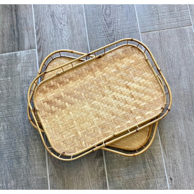 1970s Circa 1970 Rattan & Bamboo Wooden Bottom Tiki Trays – a Pair For Sale - Image 5 of 13