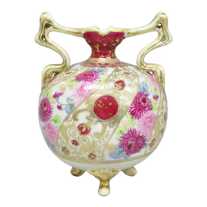 Antique Nippon Moriage Porcelain Twin Handle Ball Vase W/ Hand Painted Roses (B)