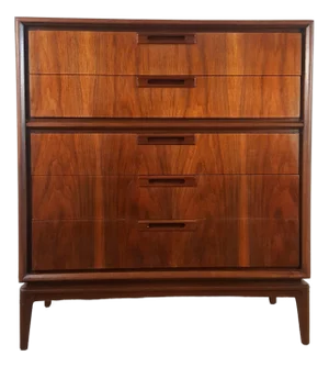 1960s Elegant Restored Original Mid Century Modern Walnut Tall Dresser Highboy United Furniture, Attributed