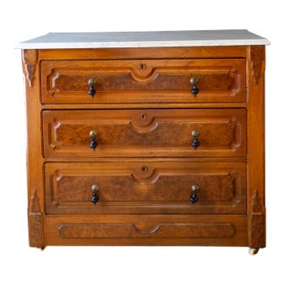 19th Century Eastlake Victorian Marble and Maple Burlwood Chest of Drawers For Sale