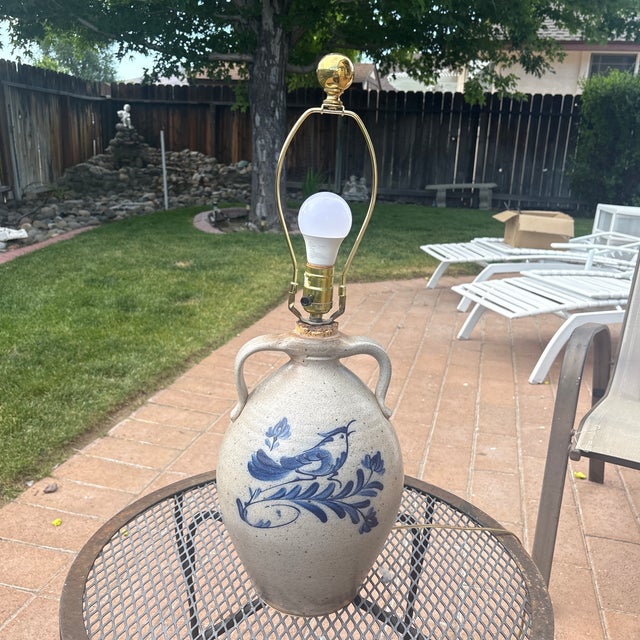 Ethan Allen Rowe Pottery Works Blue Bird Decorated Salt Glazed Pottery Lamp that would so great in a Modern Farmhouse...