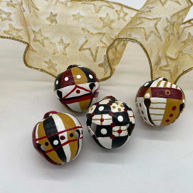 Modern Set of 4 Hand-Painted Jingle Bells – Mackenzie Childs Style – Holiday Decor For Sale - Image 3 of 10