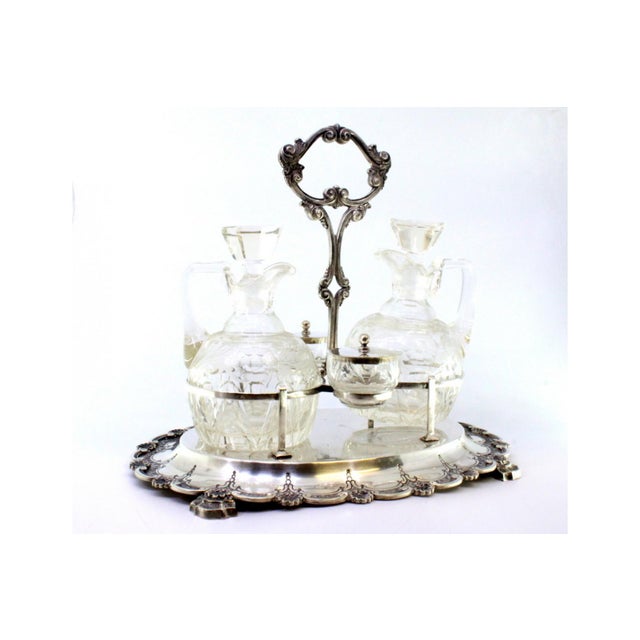 Cruet Set with Silver Structure and Cut Glass Cruets with Salt and Pepper Shakers, Set of 5 For Sale - Image 3 of 10
