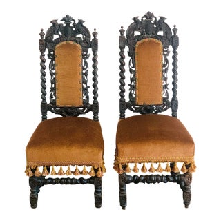 Late 19th Century Antique Ornately Carved Wood & Upholstery Jacobean Renaissance Revival Carved Parlor Throne Chairs- A Pair For Sale