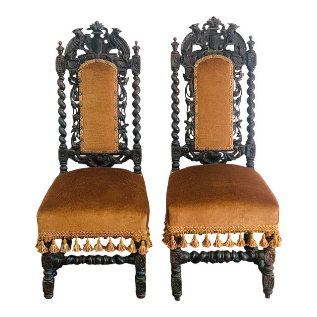 Late 19th Century Antique Ornately Carved Wood & Upholstery Jacobean Renaissance Revival Carved Parlor Throne Chairs- A Pair For Sale