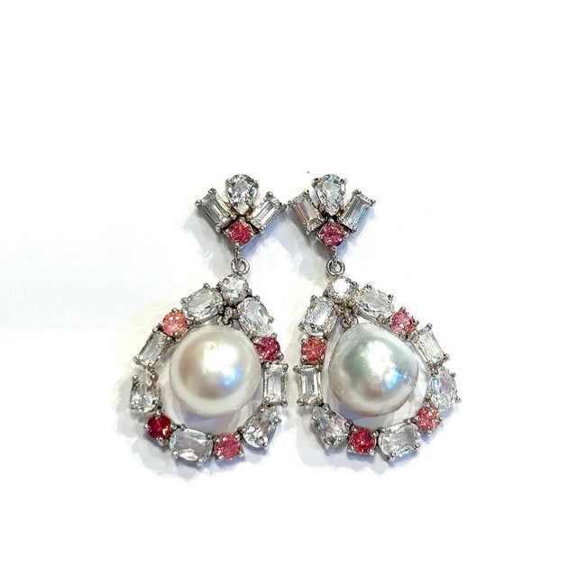 Gemstone Bochic "Orient" Vintage Pink Sapphire, Topaz & Pearls Earrings Set 18K Gold & Silver For Sale - Image 7 of 8