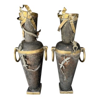 Italian Liberty Metal Vases with Reptiles, 1915-1935, Set of 2 For Sale