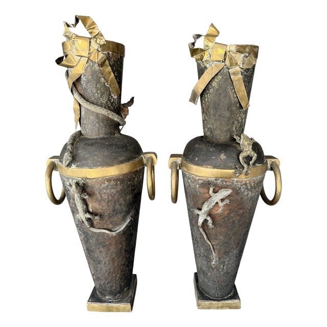 Italian Liberty Metal Vases with Reptiles, 1915-1935, Set of 2 For Sale