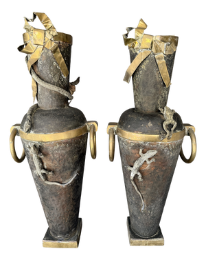 Italian Liberty Metal Vases with Reptiles, 1915-1935, Set of 2
