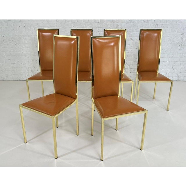 1970s Cognac Leather and Brass Chairs by Renato Zevi, 1970s, Set of 6 For Sale - Image 5 of 7