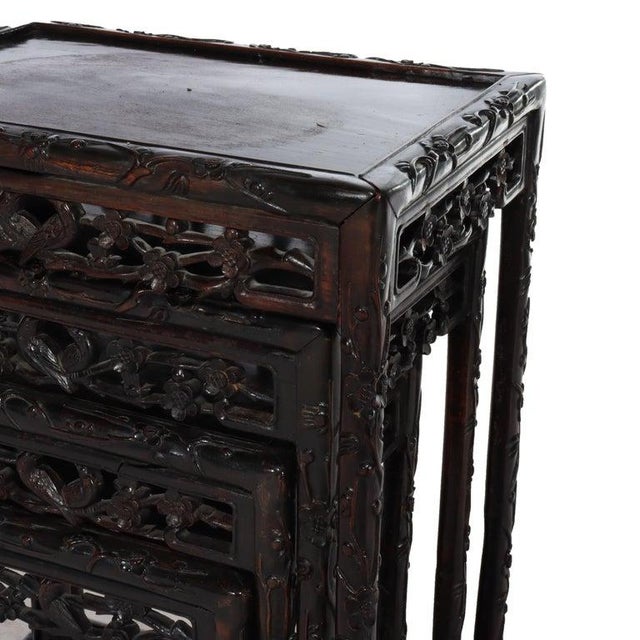 Wood Set of 4 Antique Chinese Floral & Figural Carved Hardwood Nesting Tables For Sale - Image 7 of 13
