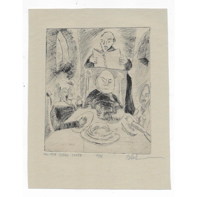 1988 etching of a people at a dining table, titled and illegibly pencil signed.