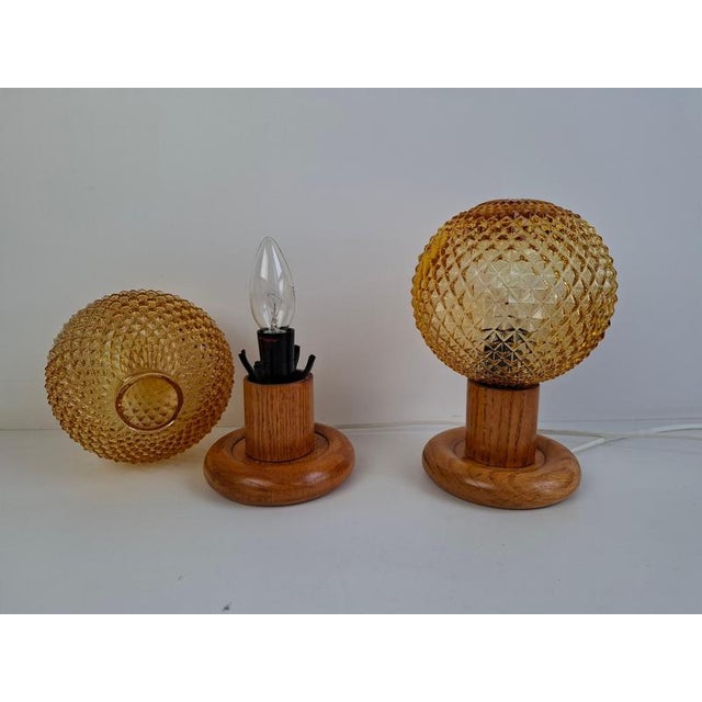 Mid-Century Modern Table Lamps with Amber Glass and Wood Base, Czechoslovakia, 1980, Set of 2 For Sale - Image 3 of 17