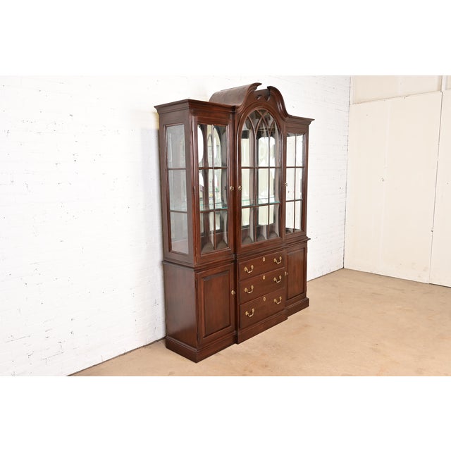 Ethan Allen Ethan Allen Georgian Solid Cherry Wood Breakfront Bookcase Cabinet For Sale - Image 4 of 13