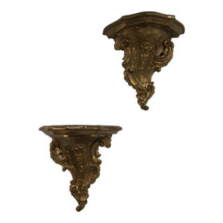 Pair of 19th Century Italian Rococo Giltwood Wall Shelves With Original Gold Leaf For Sale
