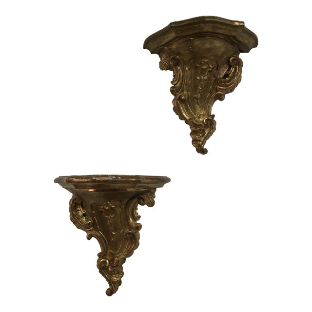 Pair of 19th Century Italian Rococo Giltwood Wall Shelves With Original Gold Leaf For Sale