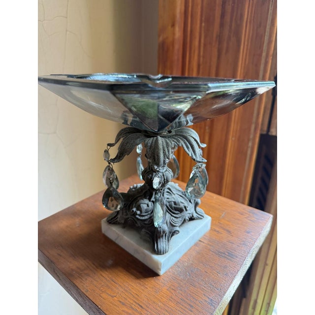 1950s Hollywood Regency Pedestal Centerpiece Bowl, Smoky Glass Ashtray With Marble Base For Sale - Image 11 of 15